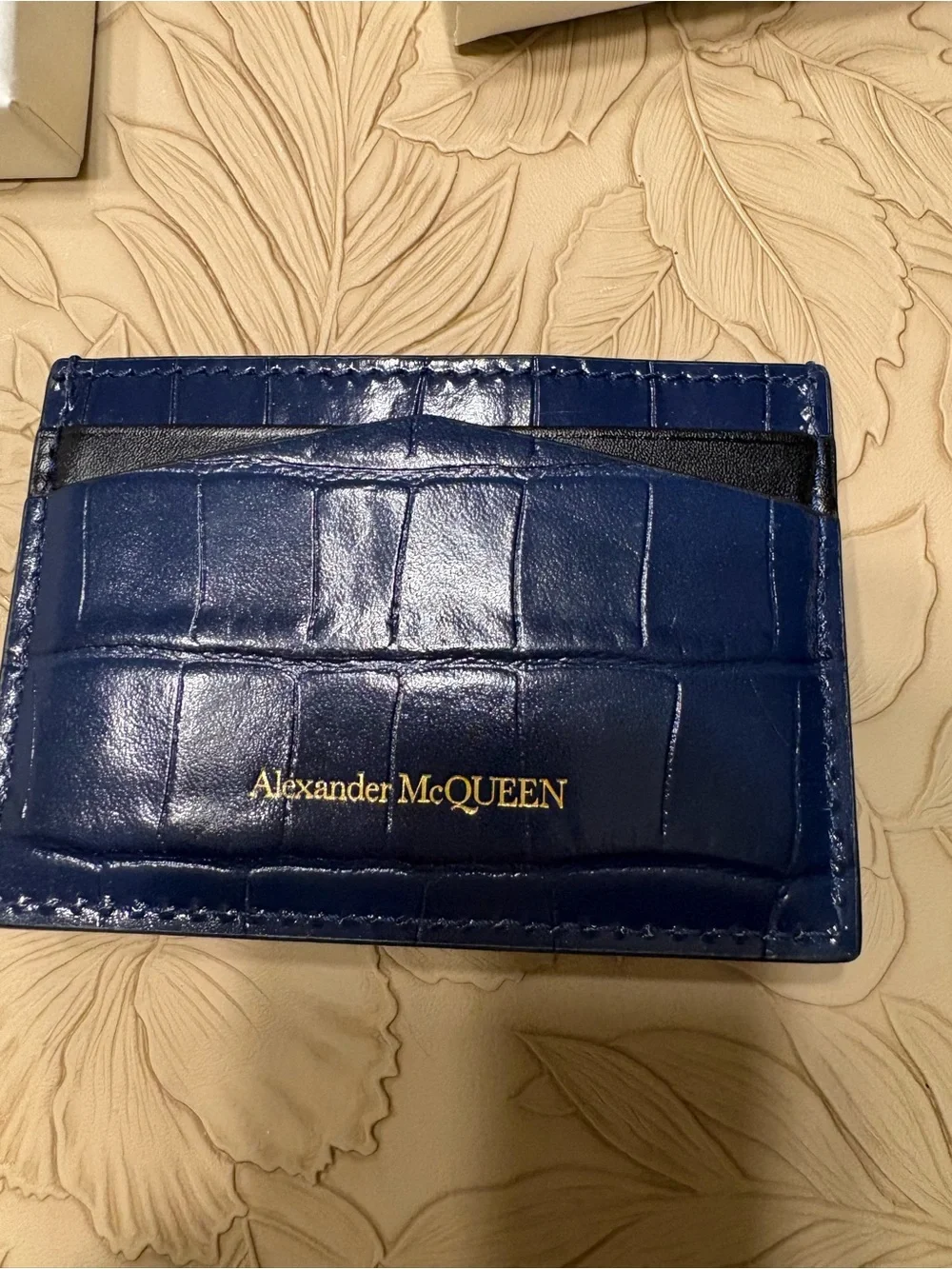 Alexander McQueen Navy Croc-Embossed Card & Key Holder with Gold Skull